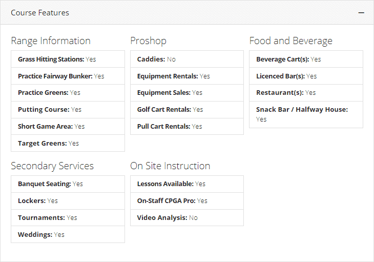 Golf course feature list